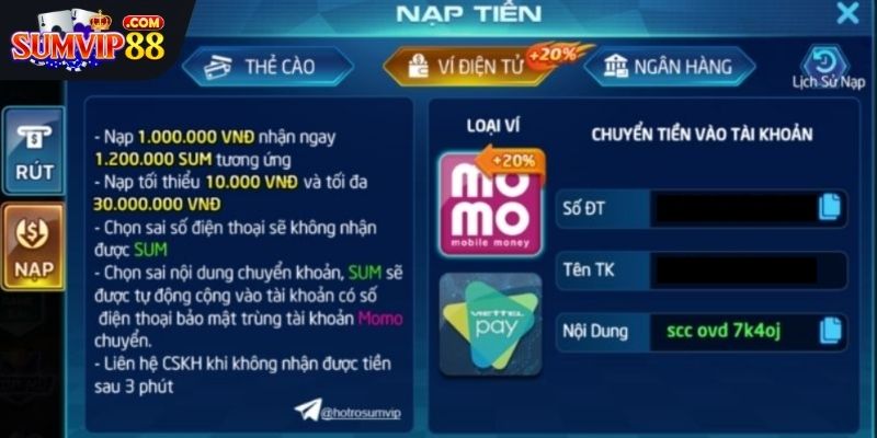 Nạp tiền qua ví điện tử Sumvip